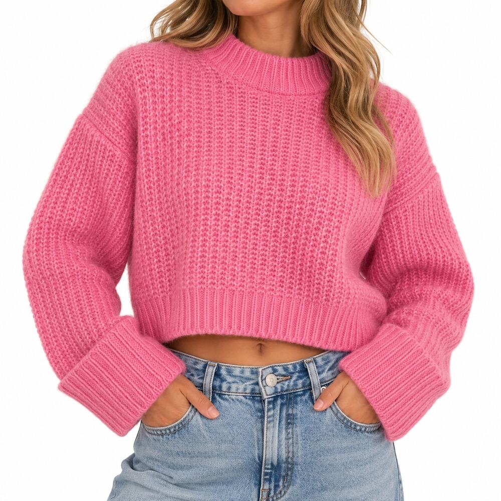 Zara Cropped Chunky Knit Mock Neck Sweater Pink Womens Size S Wool Alpaca Blend
